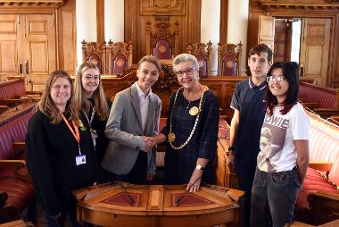 Laura Bush and Holly O’Neil from Youth Focus North East, with South Tyneside’s Member of the Youth Parliament, Luke Hall, Mayor Councillor Pat Hay, and Elliot Connell and Rumpai McDonald