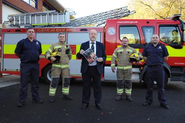  Councillor Jim Foreman (centre) with Tyne and Wear Fire and Rescue Service crew (LtR) Steven Bewick, Peter Wilson, Paul Benson and David Horn, of Green Watch South Shields Fire Station.