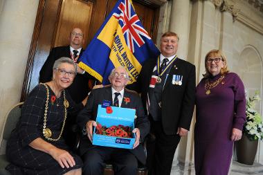 The Mayor Cllr Pat Hay and Mayoress Mrs Jean Copp join South Shields Royal British Legion branch president Peter Boyack, chairman Anthony Paterson, and poppy appeal coordinator Bill Stephenson, to launch the local Poppy Appeal at South Shields Town Hall.