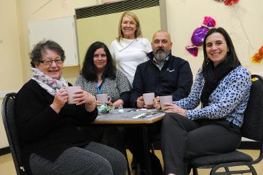 Cllr Ruth Berkley with Inspire's Charlotte Harrison, Stuart Sharpe from Colloide Engineering System and Elena Dickson from Dicksons at Boldon CA's warm space. 