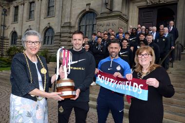 The Mayor welcomes SSFC Team Captain Blair Adams, Manager Kevin Phillips and players to South Shields Town Hall following their promotion.