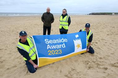 Cllr Ernest Gibson is pictured with staff from the Council’s beach maintenance team Danny George, Kate Fairley and John Durham.