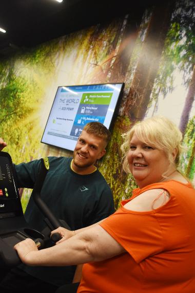 Councillor Audrey Huntley is given a demonstration of the new gym equipment at Monkton Stadium. Pictured with Daniel Archer. The Monkton Stadium team put the equipment to the test ahead of the reopening.