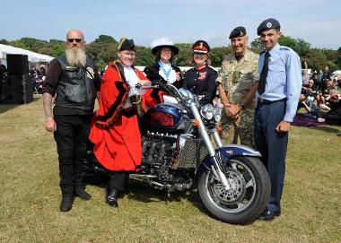 The Mayor with Stuart Rogerson (Bad-Landers MC), Cllr Paul Dean (South Tyneside Armed Forces Forum chairman), High Sheriff Dame Irene Lucas-Hays, Lord Lieutenant Ms Lucy Winskell, Major Loader of 205 Battery, Royal Artillery and Cadet Carty-Hughes.