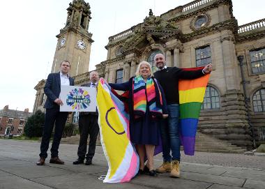 Cllrs Shane Smith, Paul Dean and Audrey Huntley are pictured with Peter Darrant, Chair of Out North East as plans get underway on a Pride in South Tyneside event in summer 2024.