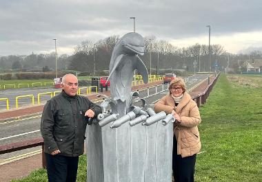 Councillors Ernest Gibson and Tracey Dixon at the new Dolphin bin at Whitburn.