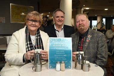 South Tyneside Council Leader, Cllr Dixon is pictured with Eamonn Gribben of Little Haven Hotel and Cllr Paul Dean. The new S1 bus service supports people to access the new Welcoming Place.